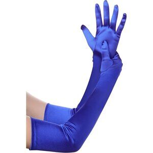 Women's Blue Long Opera Party 20s Satin Gloves Stretchy Arm Cover Elbow Length